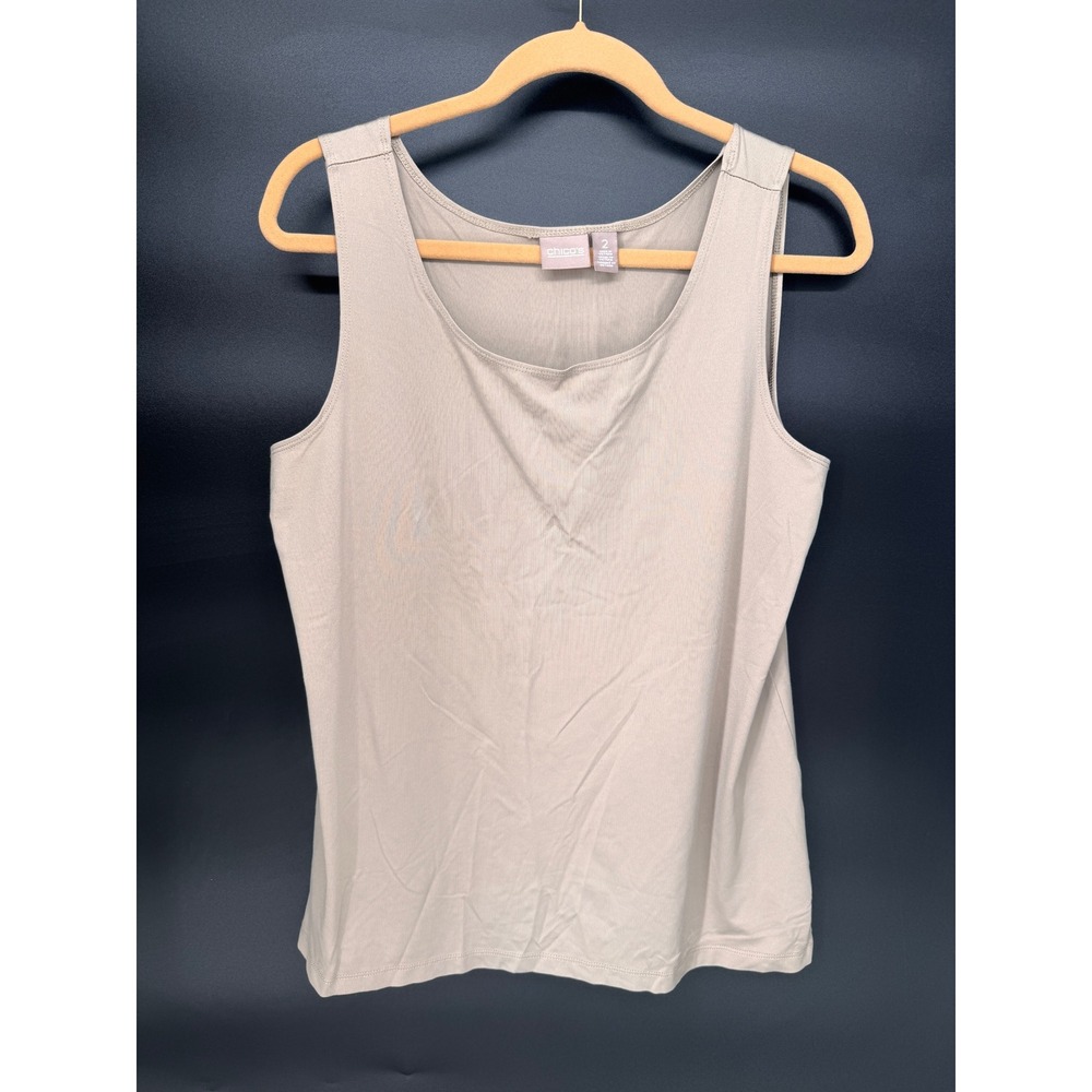 Chico's Tank Top Women Size 2 Beige Scoop Neck Ribbed Stretch Microfiber Base